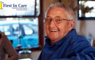 A senior is happy as a result of successful long-distance caregiving.