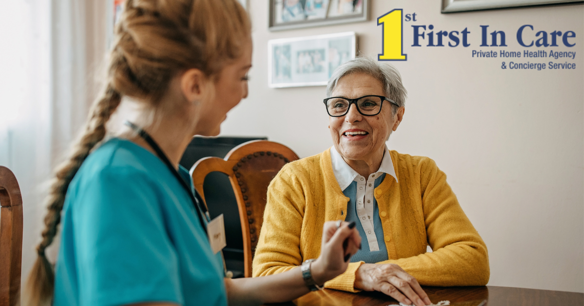 A senior woman enjoys the benefits of private duty care as her caregiver checks in on her in Bradenton, FL