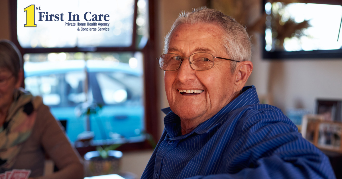 A senior is happy as a result of successful long-distance caregiving.