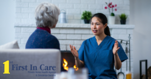 A professional caregiver explains some of her responsibilities as a caregiver to her senior client.