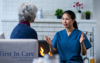 A professional caregiver explains some of her responsibilities as a caregiver to her senior client.