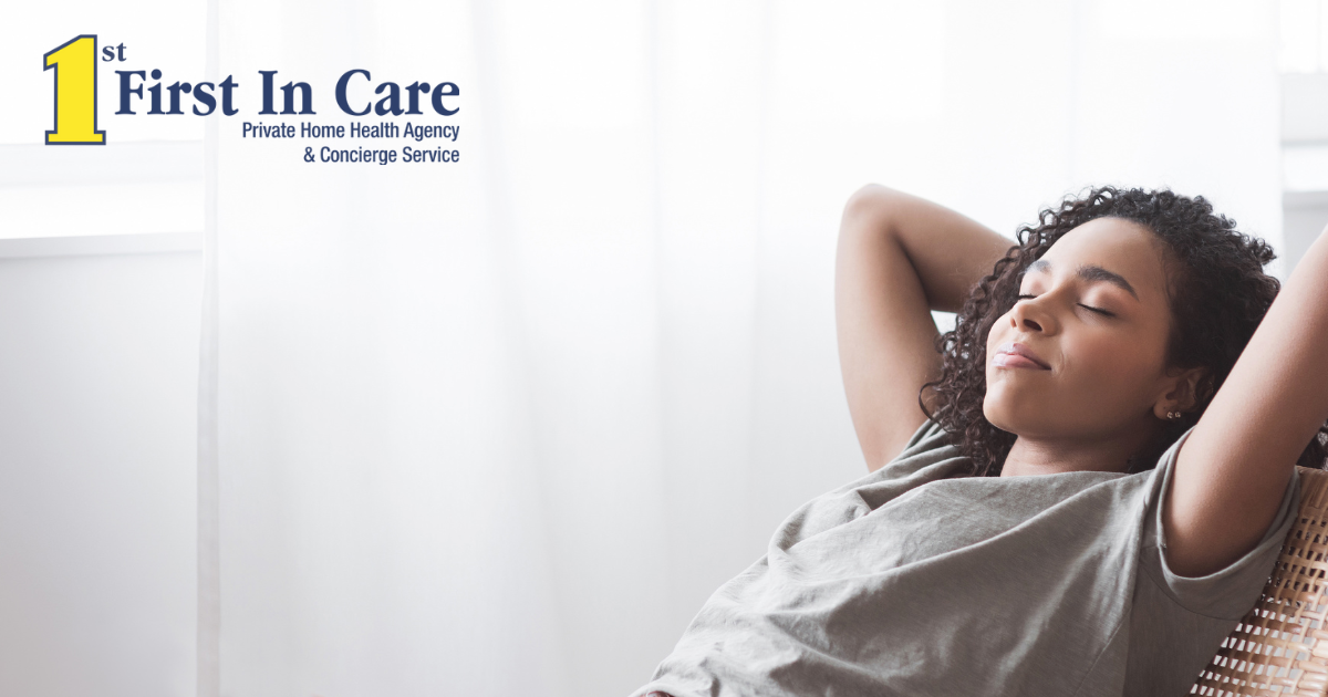 A woman takes a break to relax and practice self-care, something vital for professional caregivers.