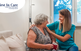 A home care provider compassionately tends to a senior client in their home.