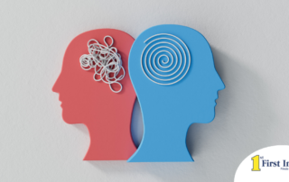 A graphic with a head with jumbled strings and one with organized, spiral strings, representing bad and good brain health.