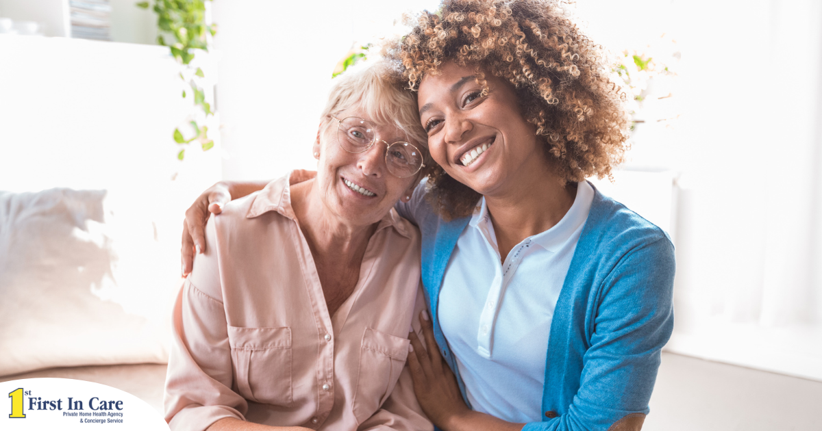 A caregiver enjoys professional caregiving as she helps a senior client.