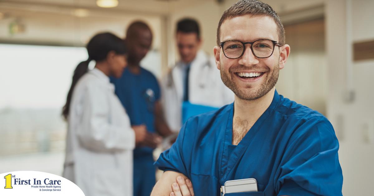 A young man in healthcare smiles, representing how a career as a professional caregiver can lead to a happy career as a healthcare professional.