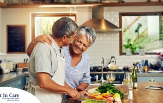 An older couple prepares healthy food together representing National Nutrition Month.