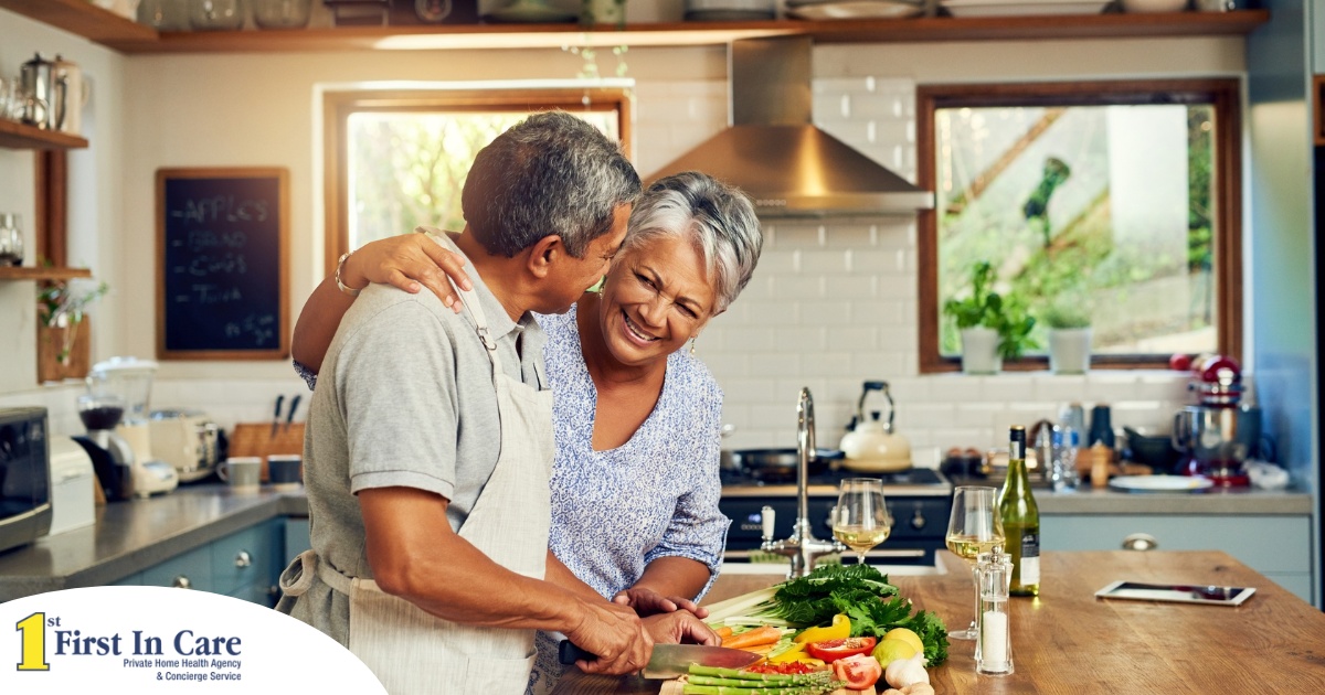An older couple prepares healthy food together representing National Nutrition Month.