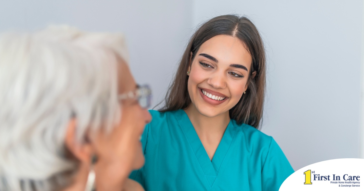 A caregiver smiles with an older client showing the results of successfully starting a new caregiving job.