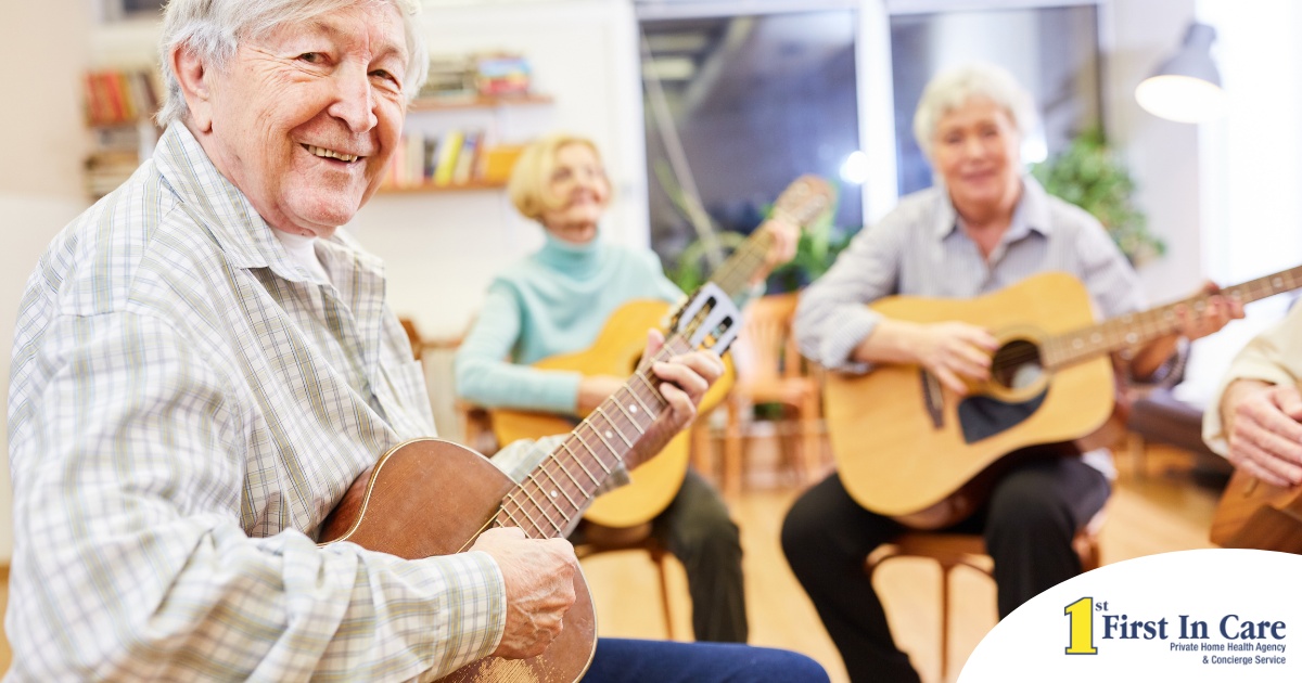 A group of seniors enjoy playing instruments together showing the impact of music for older adults.