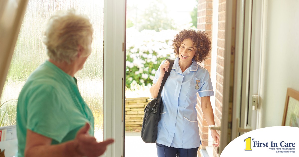 A caregiver comes in to see a client at home representing senior home care and the services offered.