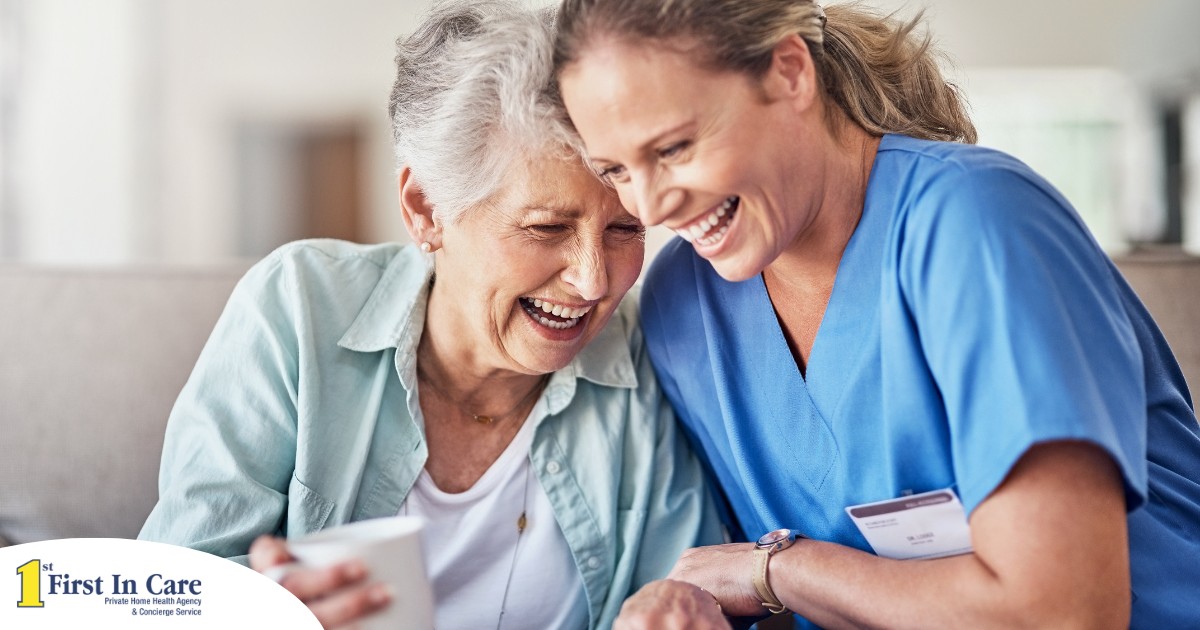 A woman in scrubs laughs with a senior woman, representing how caregiving can be a great career choice.