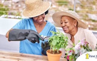 Caregiver and Senior gardening as part of companion care activities.