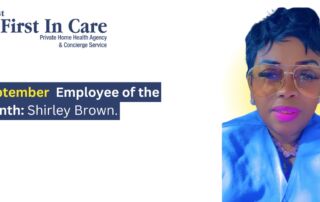 Shirley Brown, wearing a blue top and glasses, honored as September Employee of the Month at First In Care Home Health Agency.