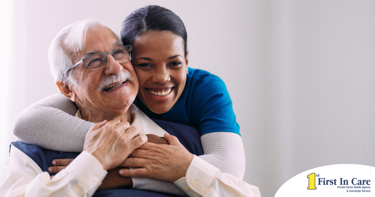 a graphic showing What a Week of Elder Care at Home Really Looks Like with a smiling caregiver and client