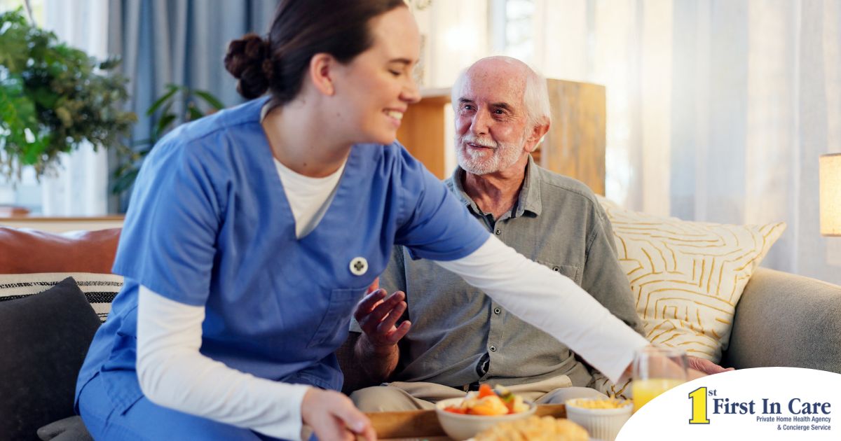 Caregiver providing senior care at home to manage parkinson’s and related symptoms.