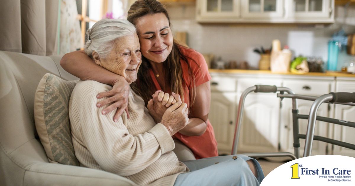 Caregiver supporting an elderly woman in the transition to senior home care