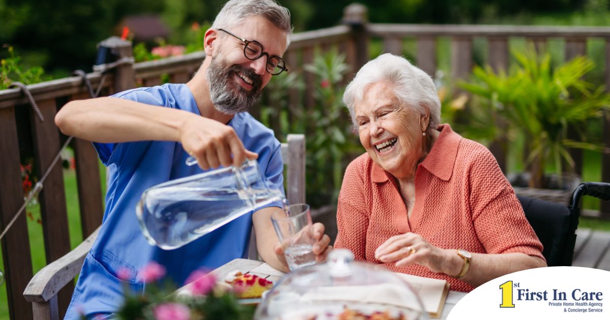 A caregiver applies summer Caregiving Tips including helping a senior stay hydrated.