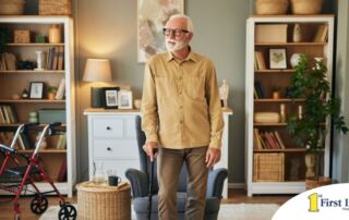 Exploring fall prevention for seniors — an elderly man stands in a safely arranged room.